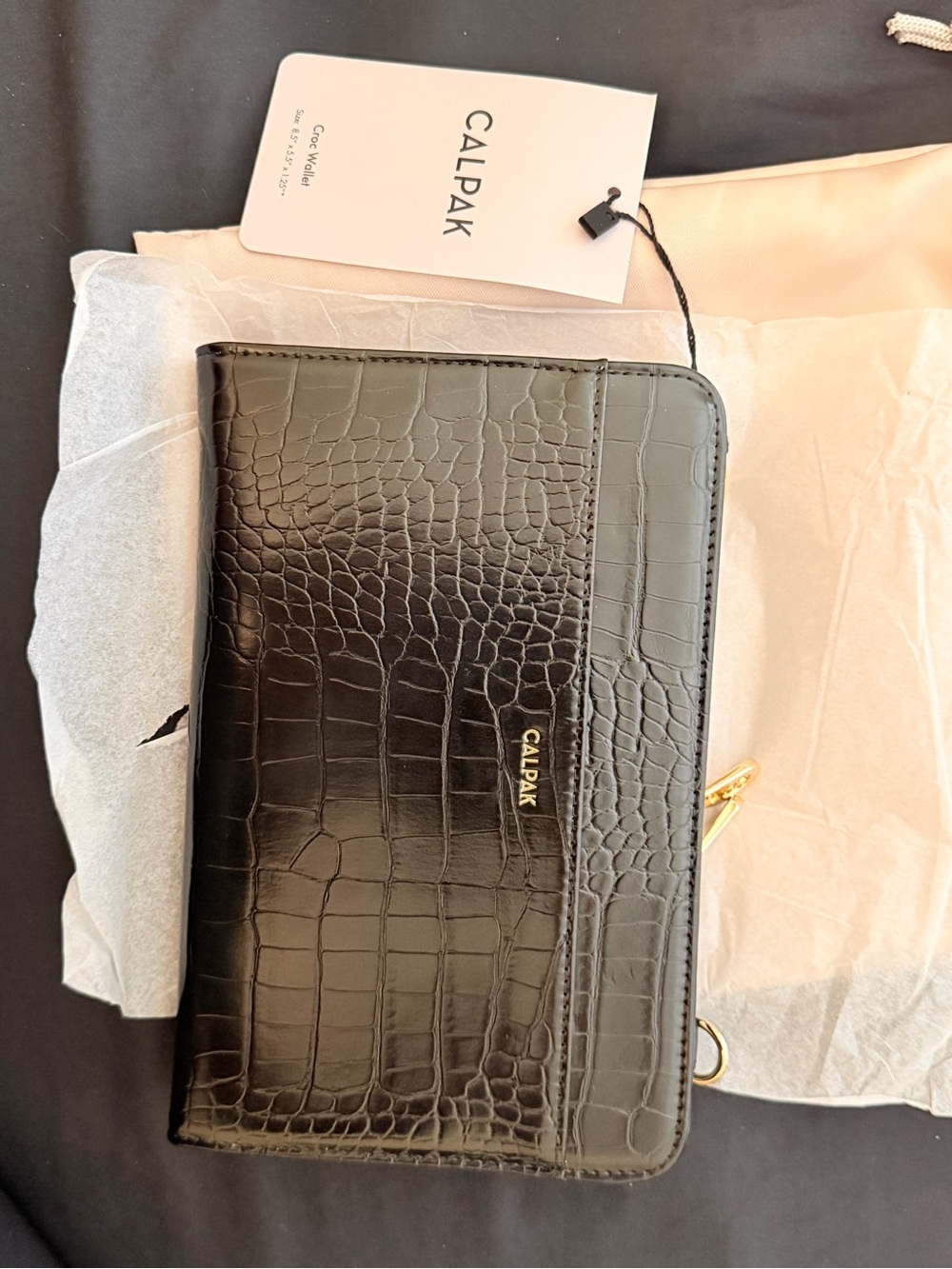 CALPAK Black Croc-Embossed Wristlet Wallet with Gold Hardware